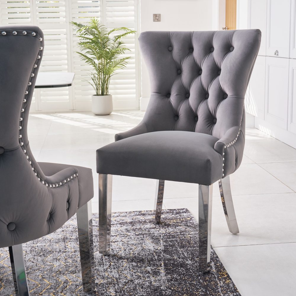 Knightsbridge Grey Velvet Upholstered Chair - Button Tufted Detailing - Polished Steel Legs - Image 3