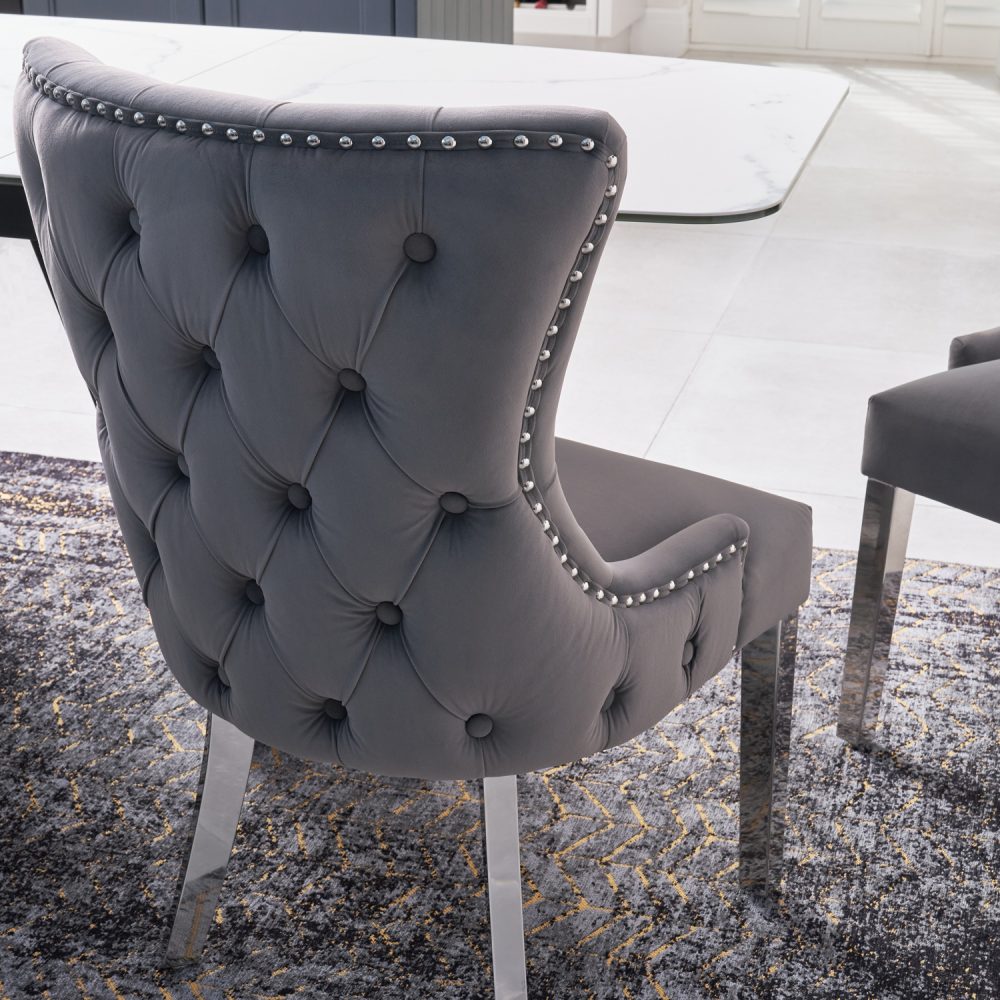 Knightsbridge Grey Velvet Upholstered Chair - Button Tufted Detailing - Polished Steel Legs - Image 5