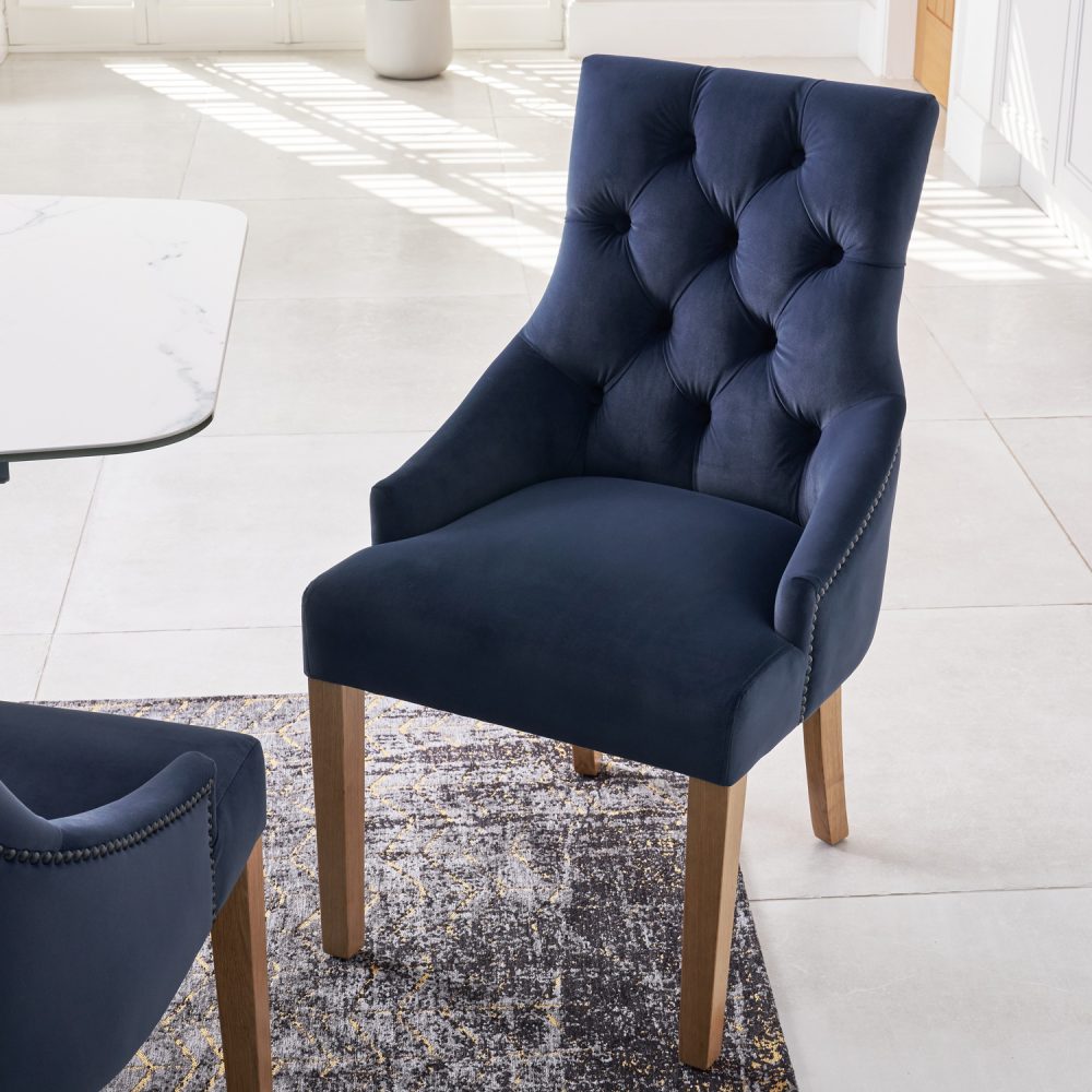 New Chelsea Dark Blue Brushed Velvet Scoop Back Dining Chair - Oak Legs - Image 4