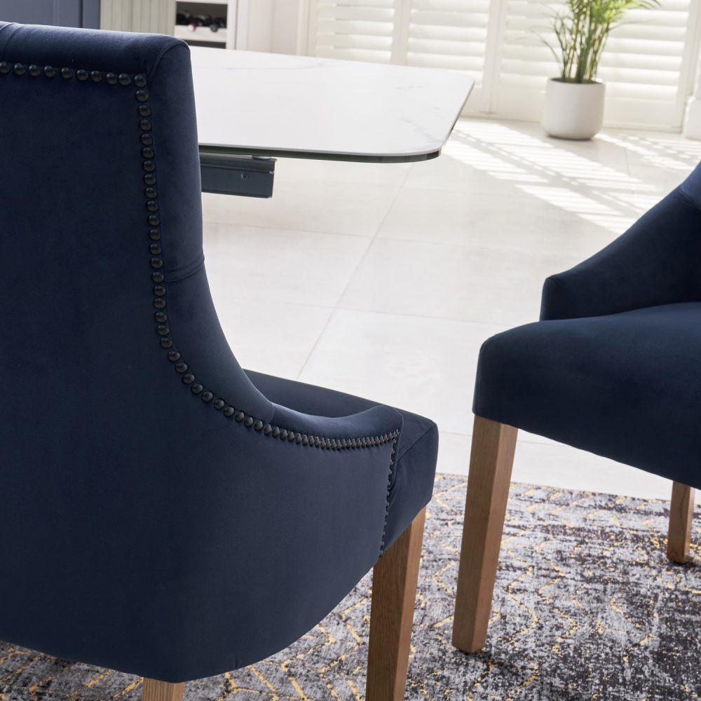 New Chelsea Dark Blue Brushed Velvet Scoop Back Dining Chair - Oak Legs - Image 3