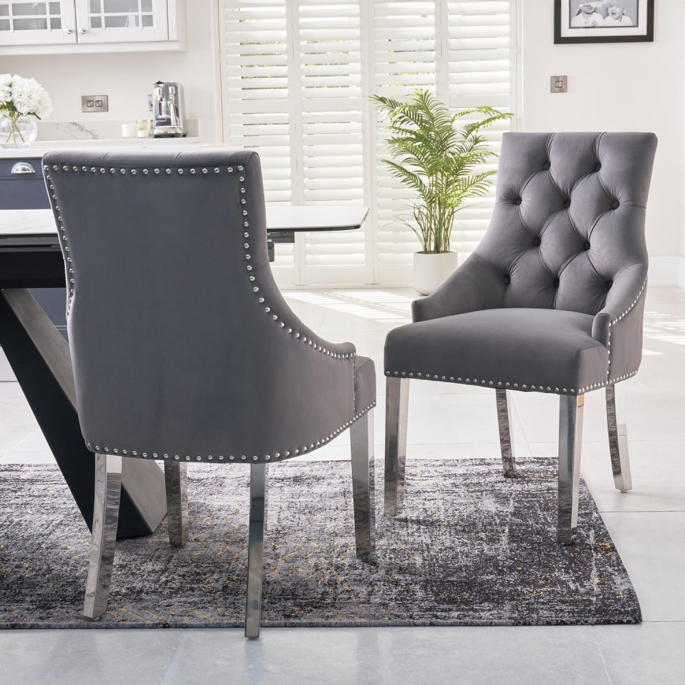 Chelsea Grey Brushed Velvet Scoop Back Dining Chair Silver Studs - Polished Steel Legs