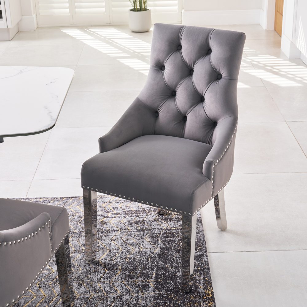 Chelsea Grey Brushed Velvet Scoop Back Dining Chair Silver Studs - Polished Steel Legs - Image 3