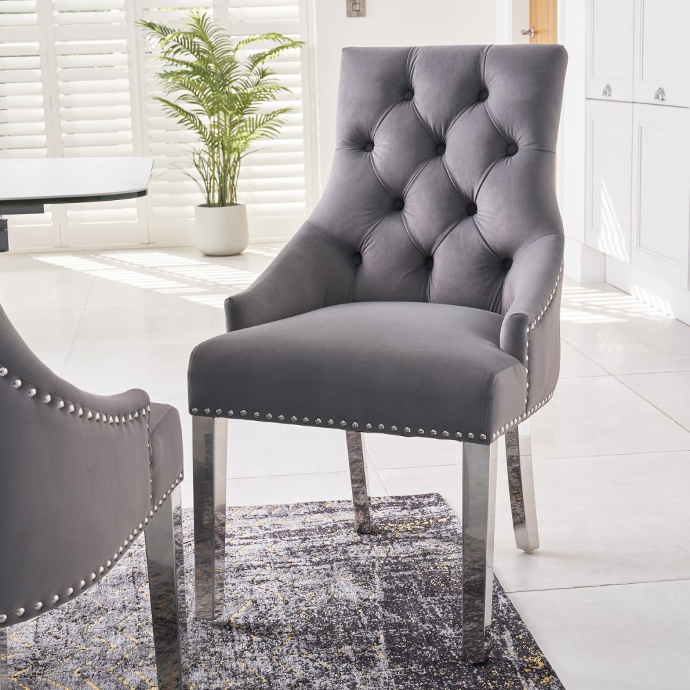 Chelsea Grey Brushed Velvet Scoop Back Dining Chair Silver Studs - Polished Steel Legs - Image 4