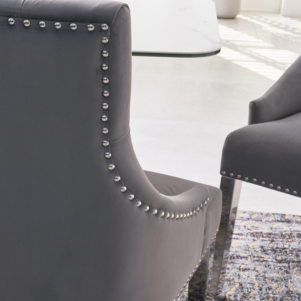 Chelsea Grey Brushed Velvet Scoop Back Dining Chair Silver Studs - Polished Steel Legs - Image 5