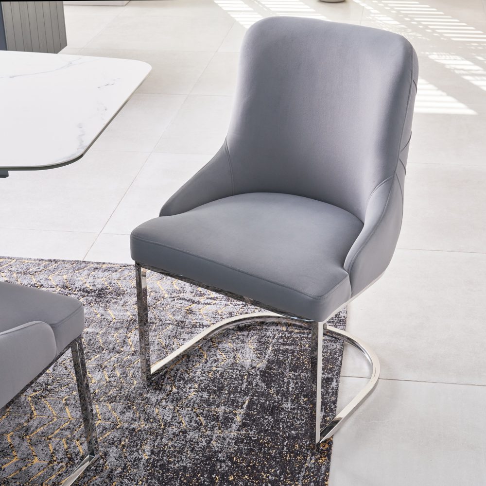 Clara Grey Brushed Velvet Upholstered Dining Chair - Polished Stainless Steel Base - Image 3