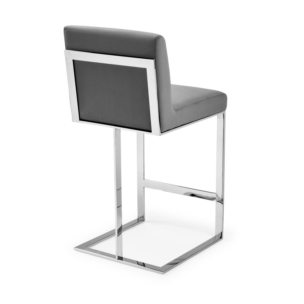 Bailey Grey Velvet Kitchen Barstool - Polished Steel - Image 9