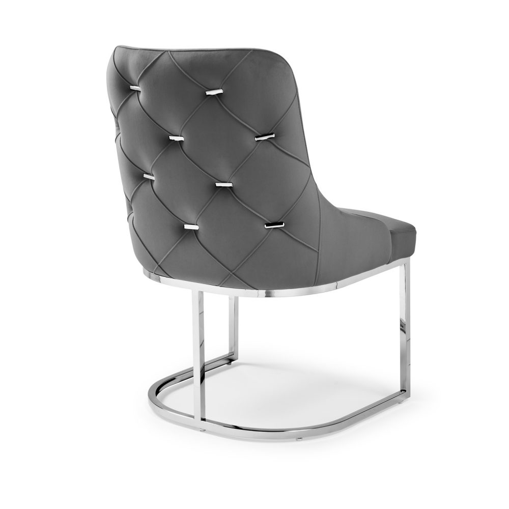 Clara Grey Brushed Velvet Upholstered Dining Chair - Polished Stainless Steel Base - Image 8