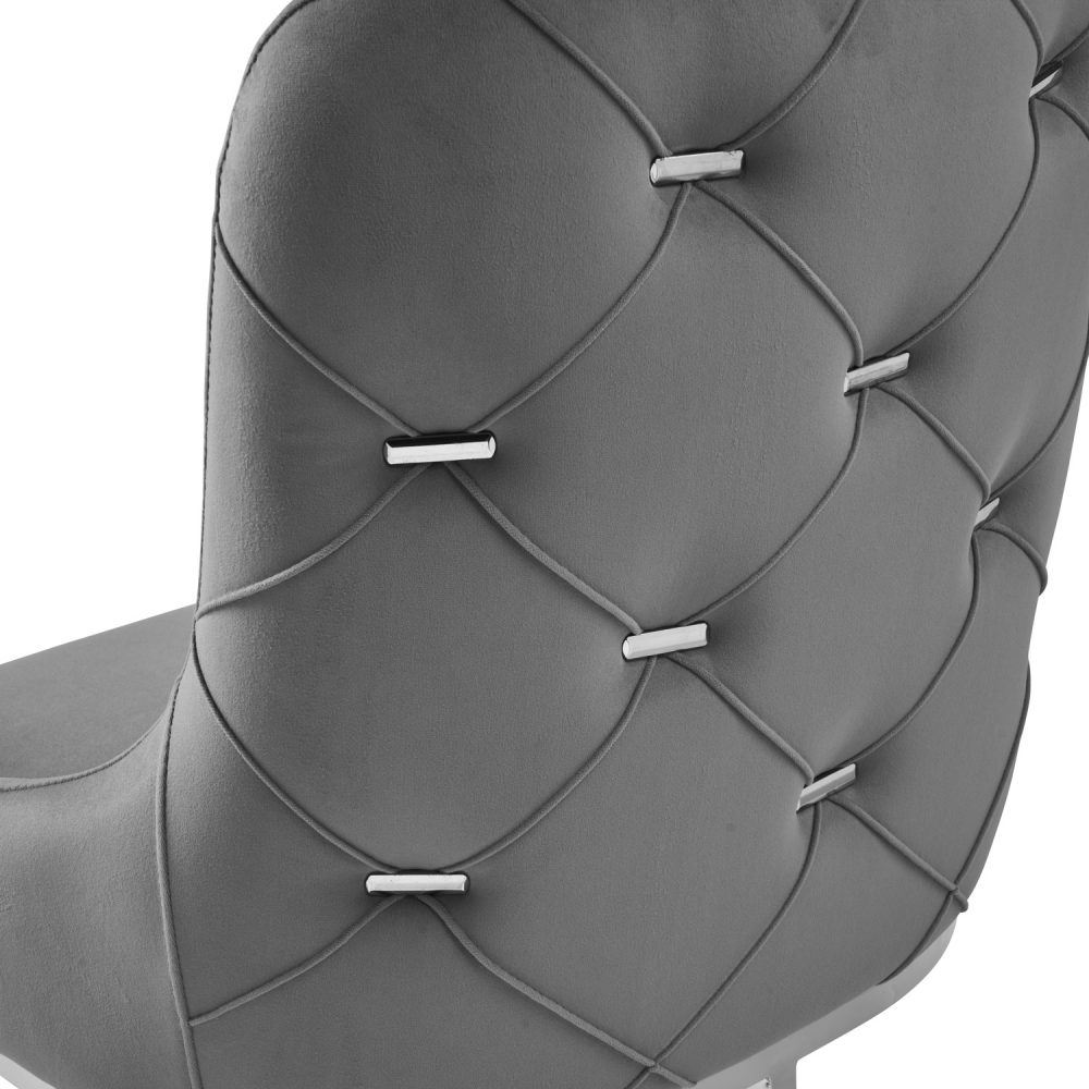 Clara Grey Brushed Velvet Upholstered Dining Chair - Polished Stainless Steel Base - Image 9