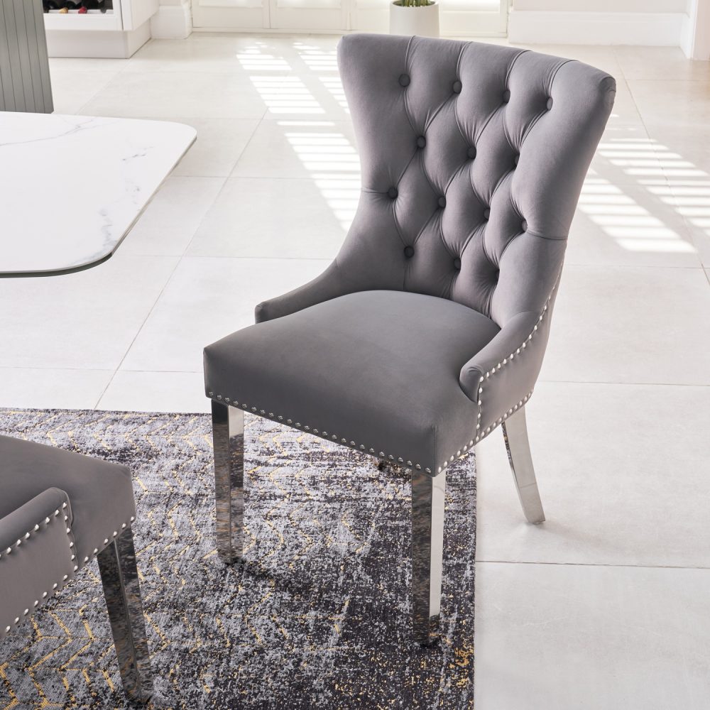 Knightsbridge Grey Brushed Velvet Dining Chair - Polished Steel Legs - Image 4