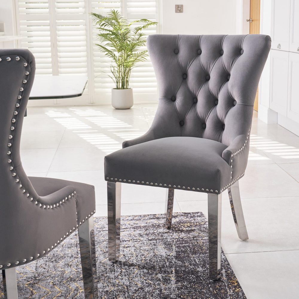 Knightsbridge Grey Brushed Velvet Dining Chair - Polished Steel Legs - Image 3
