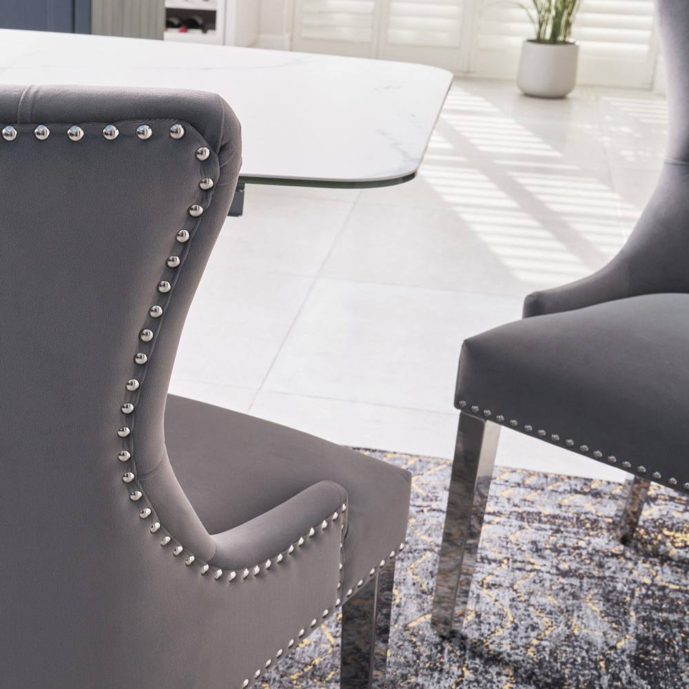 Knightsbridge Grey Brushed Velvet Dining Chair - Polished Steel Legs - Image 5