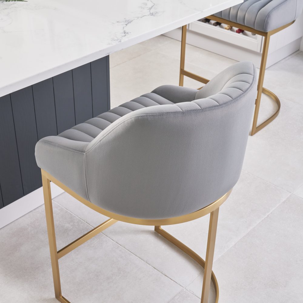 Barcelona Grey Velvet Kitchen Counter Stool with a Gold Stainless Steel Frame - Image 4