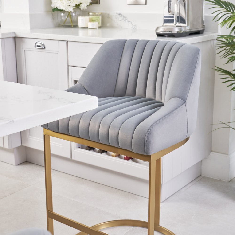 Barcelona Grey Velvet Kitchen Counter Stool with a Gold Stainless Steel Frame - Image 3