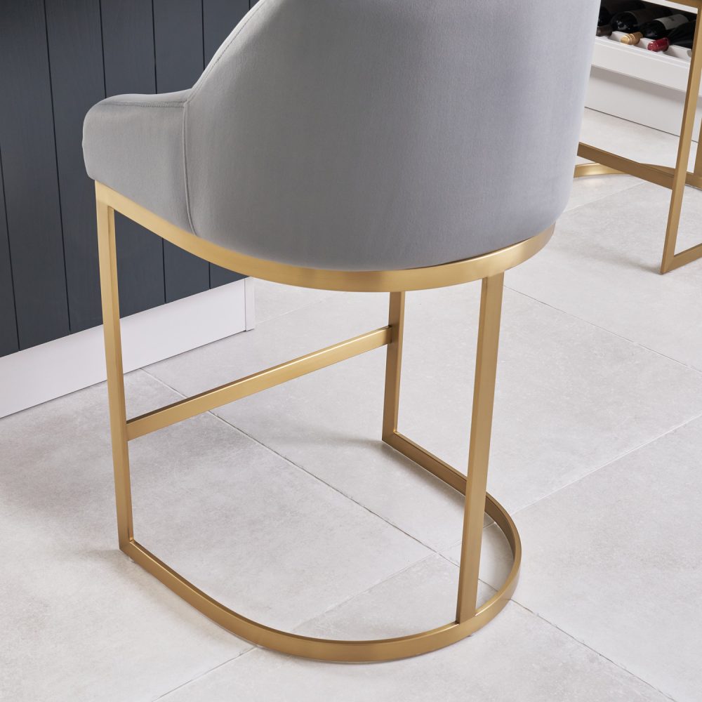 Barcelona Grey Velvet Kitchen Counter Stool with a Gold Stainless Steel Frame - Image 5