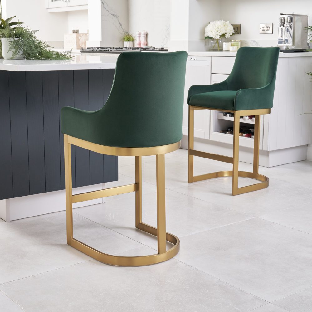 Clara Green Velvet Upholstered Counter Kitchen Stool with Gold Steel Frame