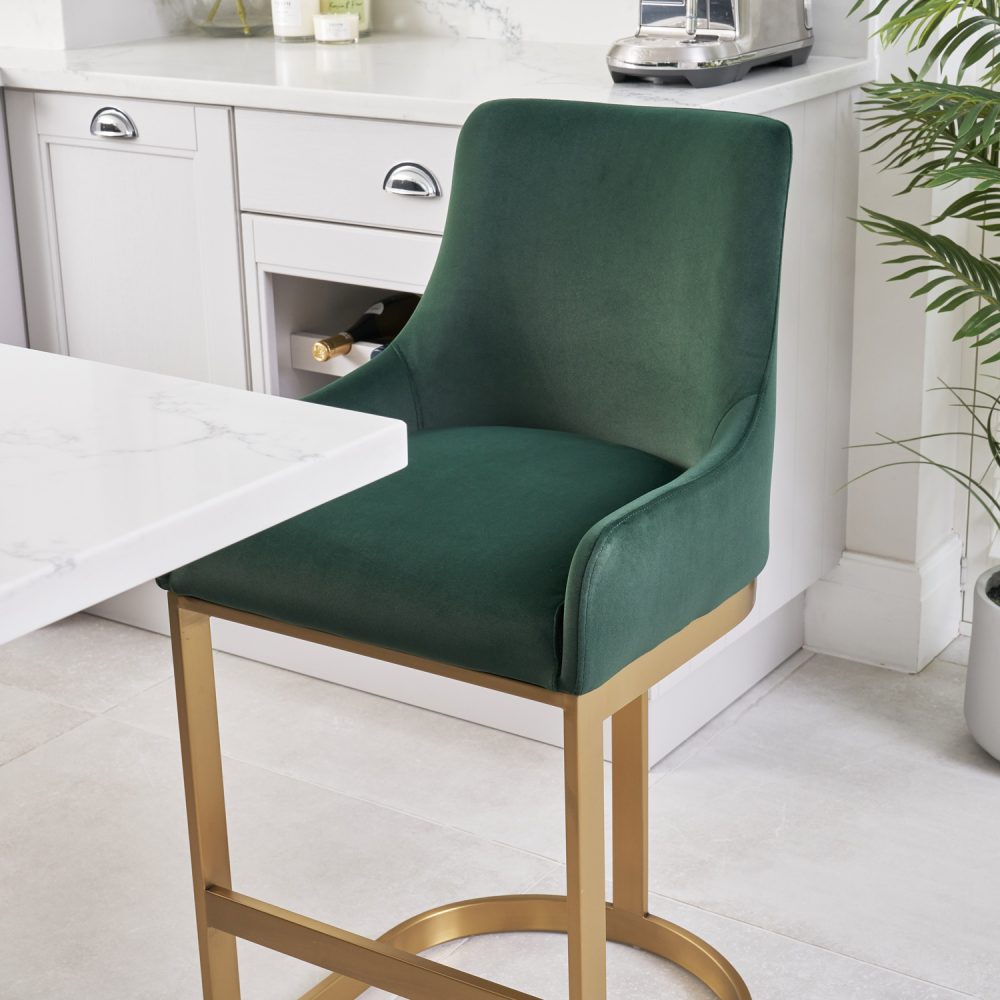 Clara Green Velvet Upholstered Counter Kitchen Stool with Gold Steel Frame - Image 3
