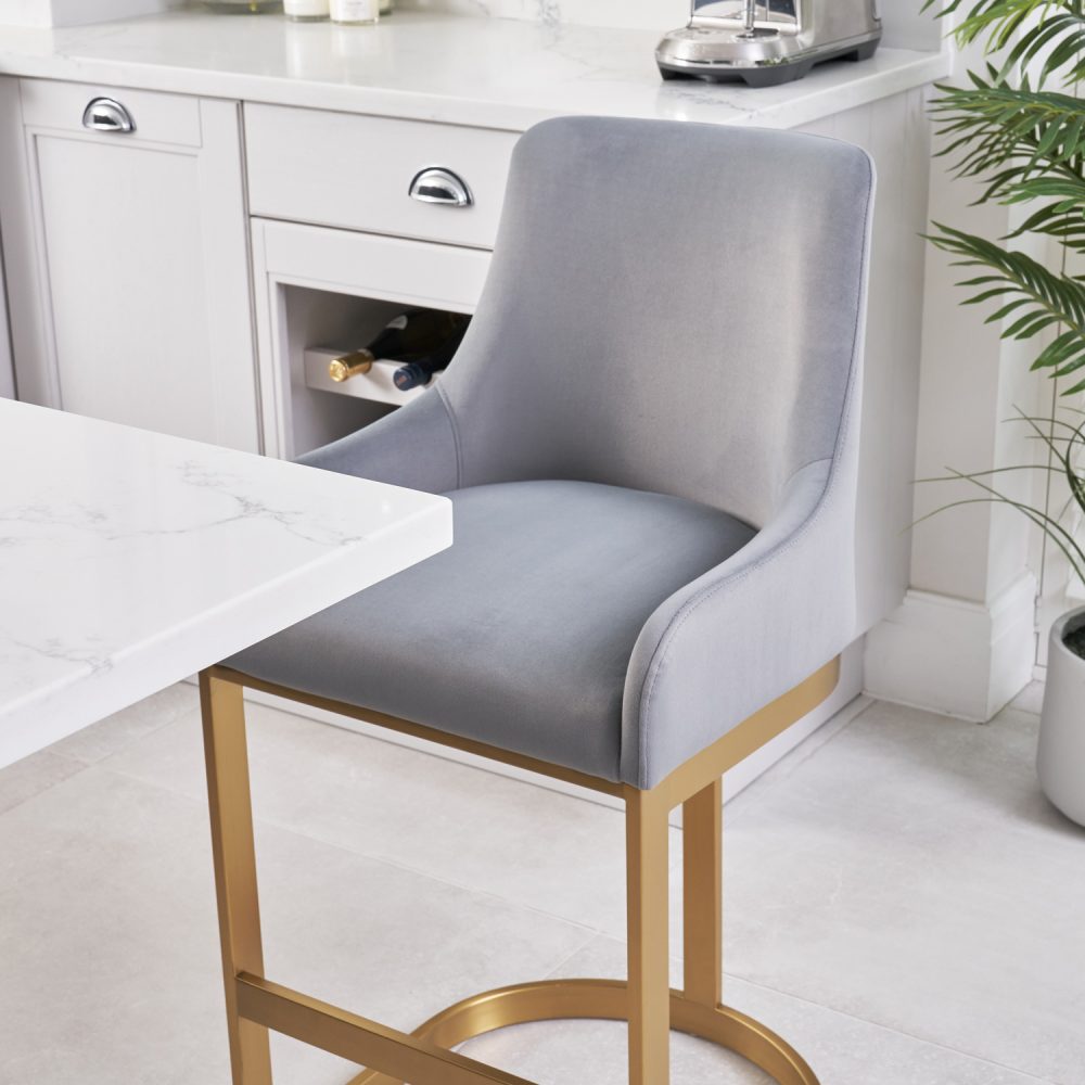 Clara Grey Velvet Counter Stool with a Gold Stainless Steel Frame - Image 3
