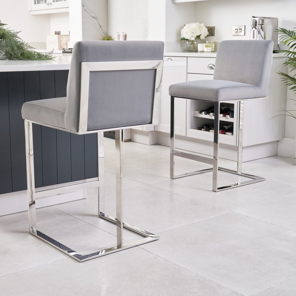 Bailey Grey Velvet Kitchen Barstool - Polished Steel