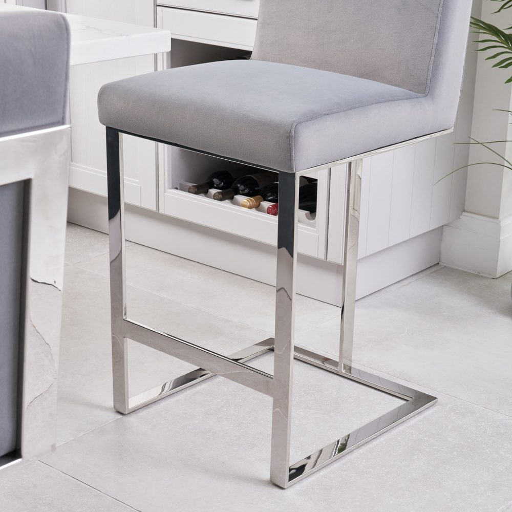 Bailey Grey Velvet Kitchen Barstool - Polished Steel - Image 5
