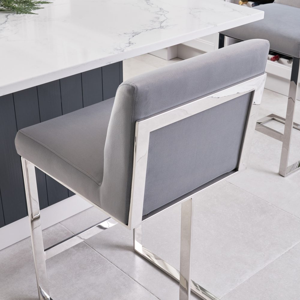 Bailey Grey Velvet Kitchen Barstool - Polished Steel - Image 6