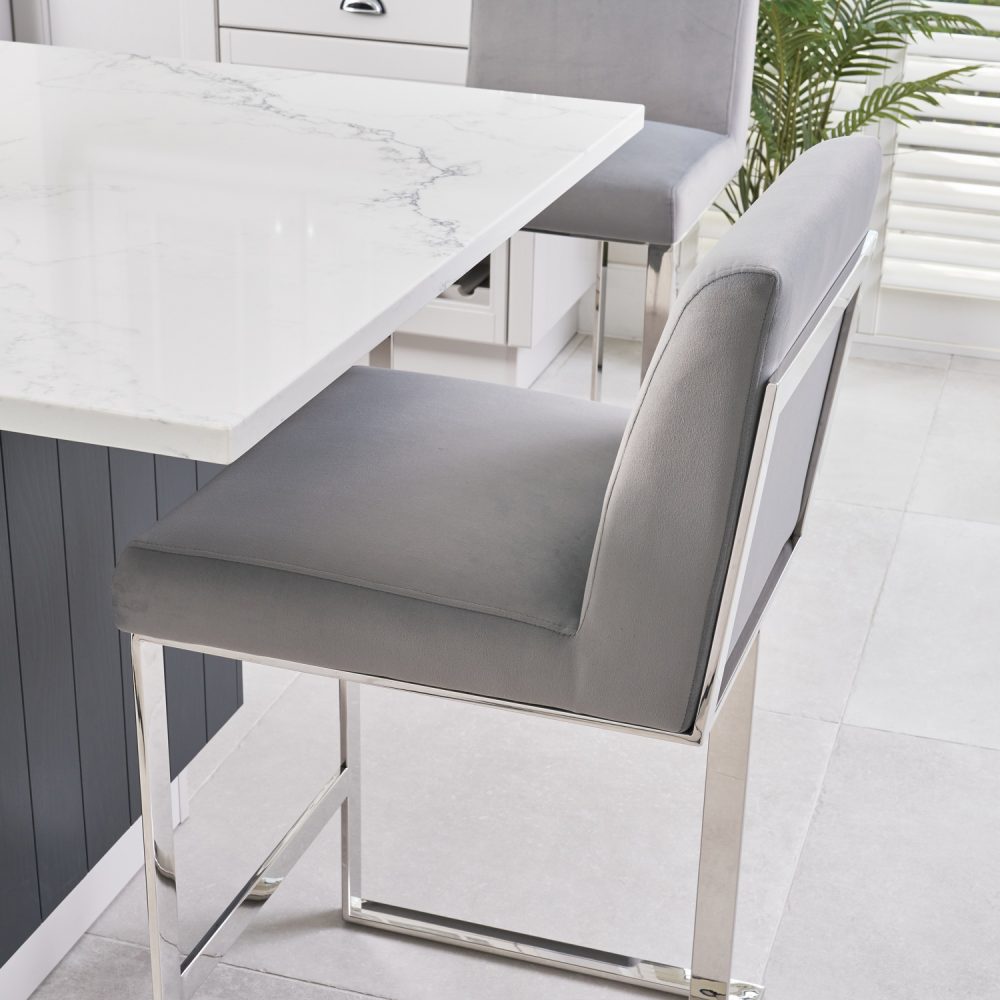 Bailey Grey Velvet Kitchen Barstool - Polished Steel - Image 4