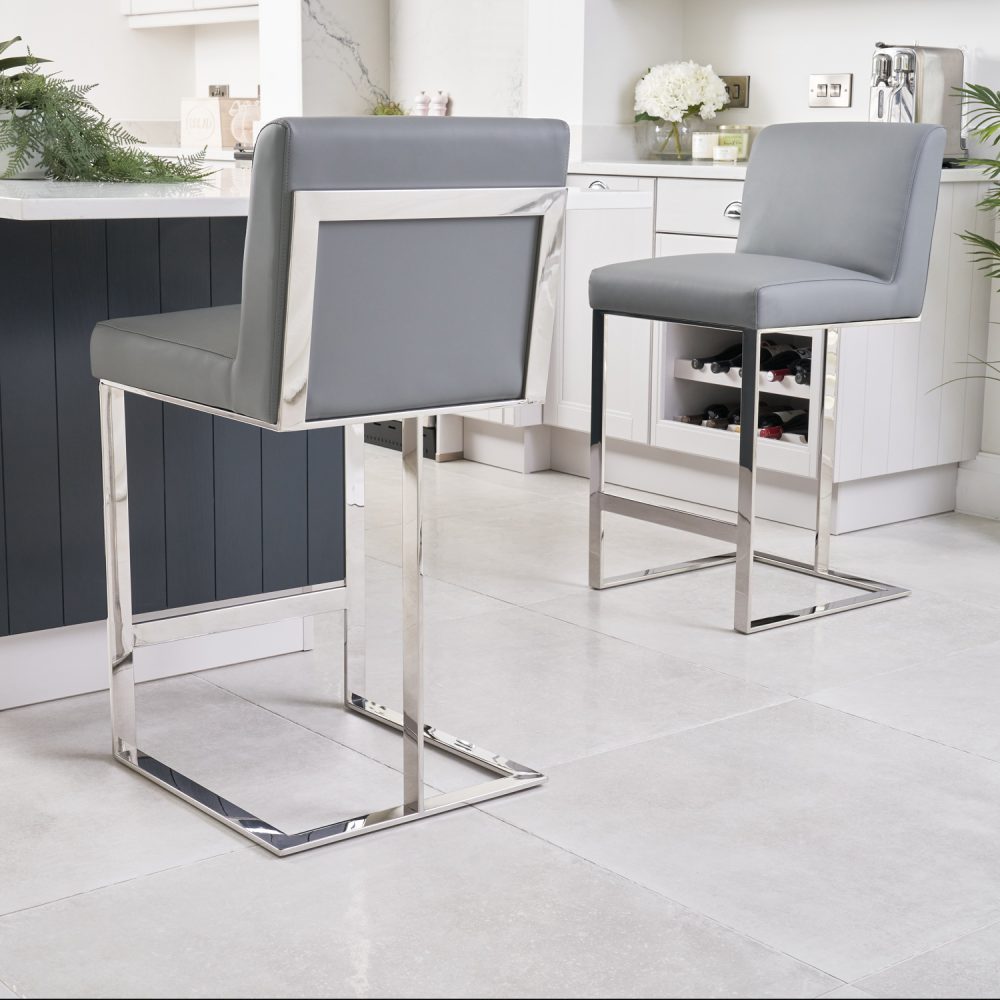 Bailey Grey Faux Leather Kitchen Barstool - Polished Steel