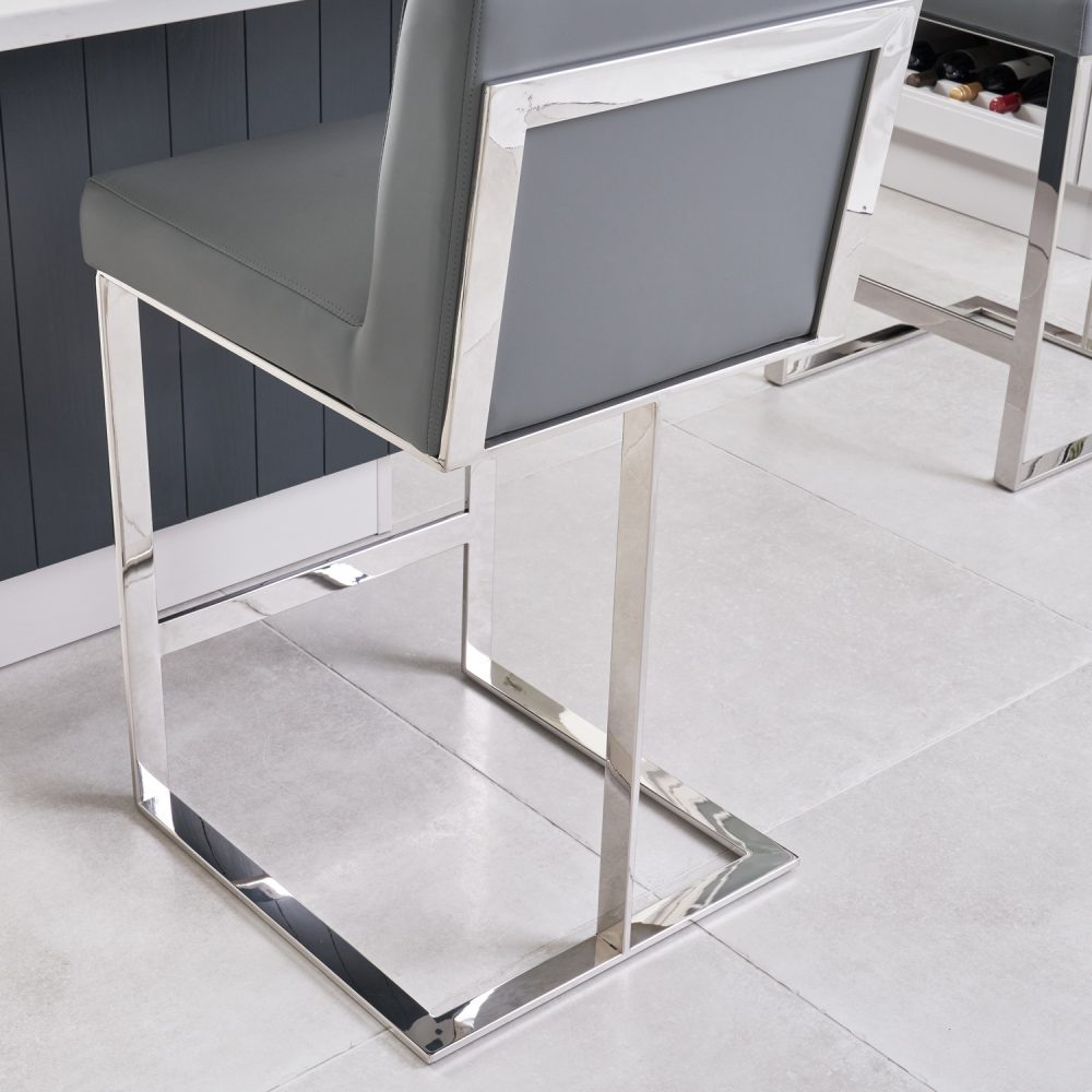 Bailey Grey Faux Leather Kitchen Barstool - Polished Steel - Image 5