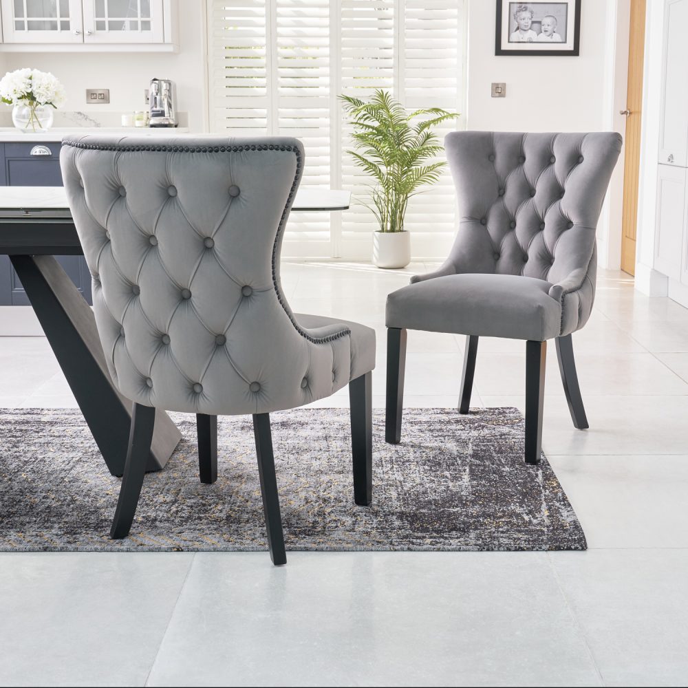 New Knightsbridge Grey Velvet Upholstered Chair With Button Tufted Detailing - Black Studs