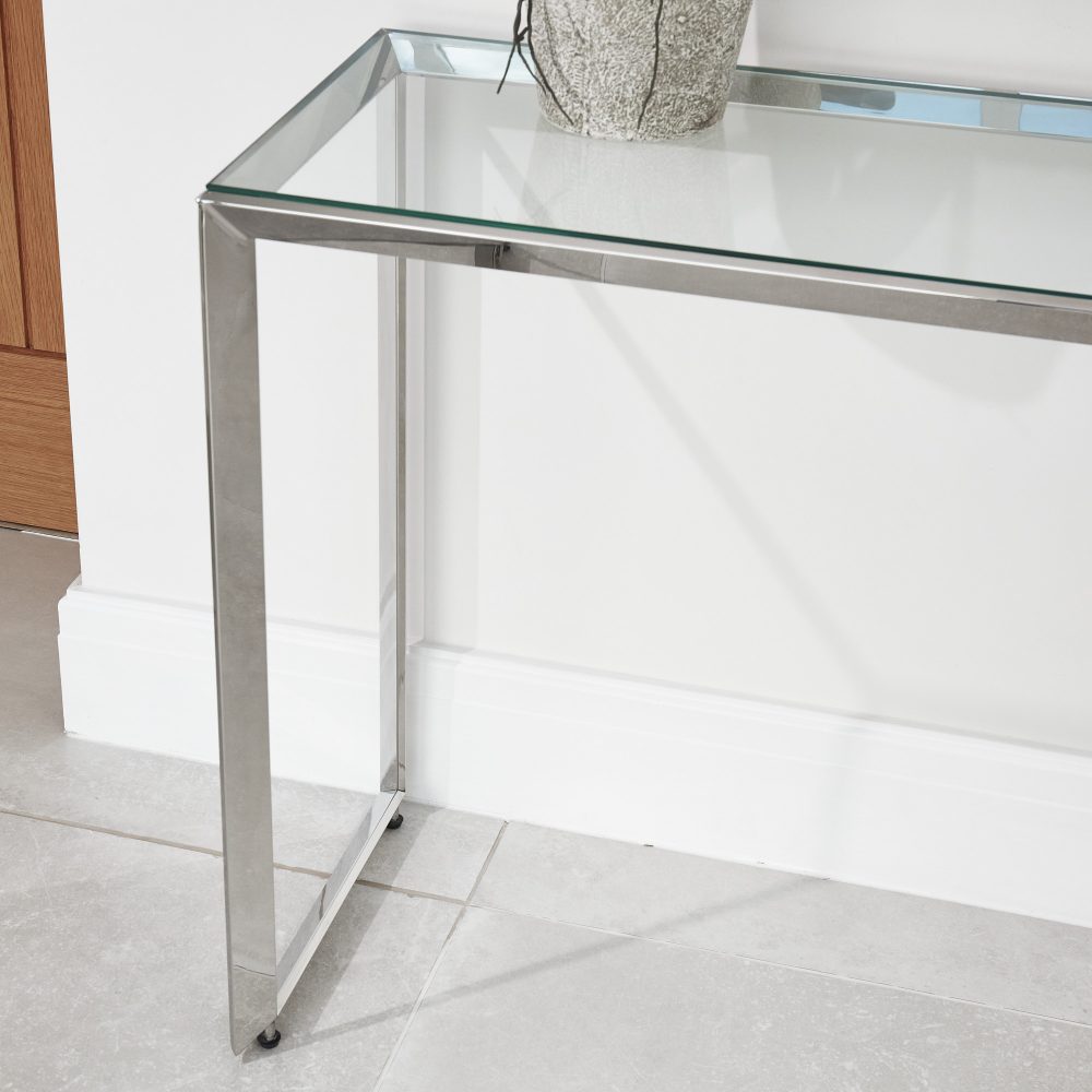 Small Glass Console Table With Polished Stainless Steel - Image 5