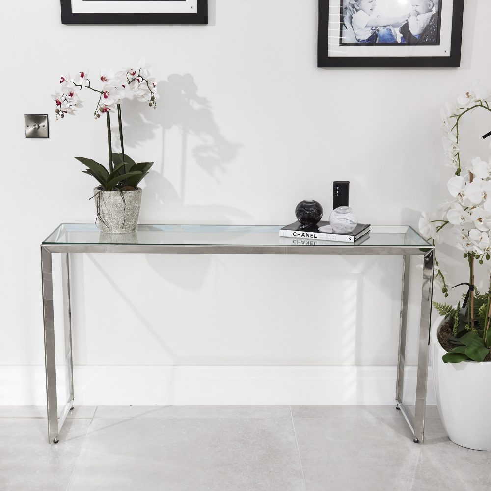 Small Glass Console Table With Polished Stainless Steel - Image 4