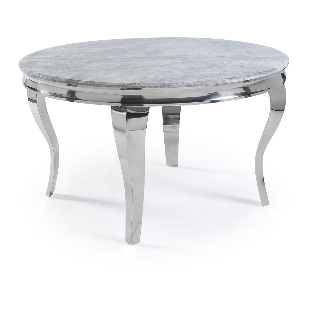 1.3m Circular Louis Polished Steel Dining Grey Marble Table Set with 4 Dove Grey Brushed Velvet Dining Chair - Image 3