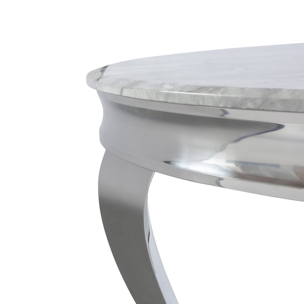 1.3m Circular Louis Polished Steel Dining Grey Marble Table Set with 4 Dove Grey Brushed Velvet Dining Chair - Image 6