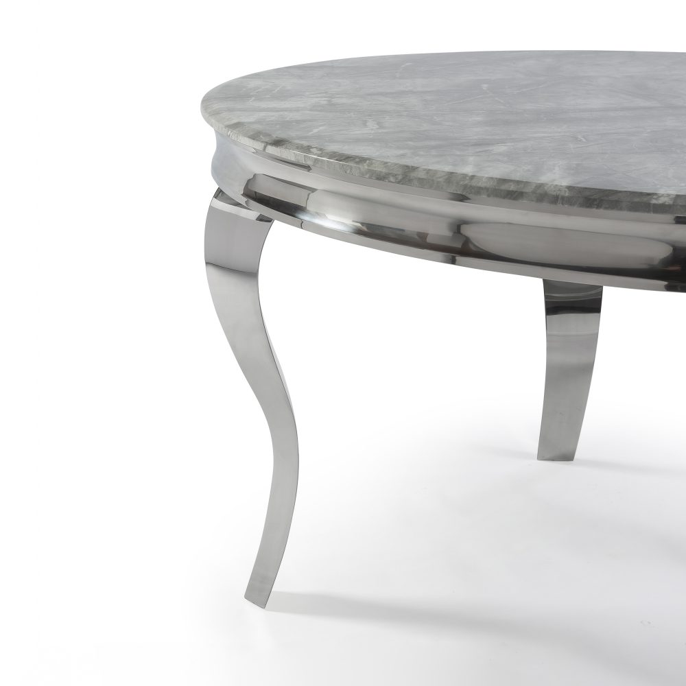 1.3m Circular Louis Polished Steel Dining Grey Marble Table Set with 4 Dove Grey Brushed Velvet Dining Chair - Image 4