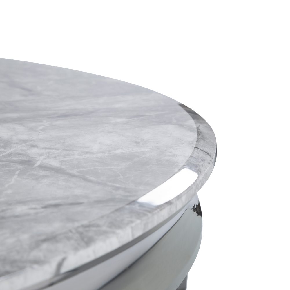 1.3m Circular Louis Polished Steel Dining Grey Marble Table Set with 4 Dove Grey Brushed Velvet Dining Chair - Image 5