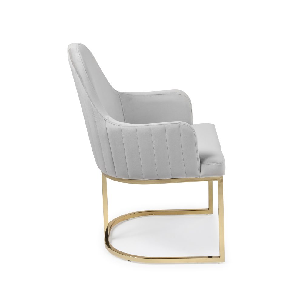 Barcelona Light Grey Brushed Velvet Upholstered Dining Chair - Golden Stainless Steel Base - Image 7