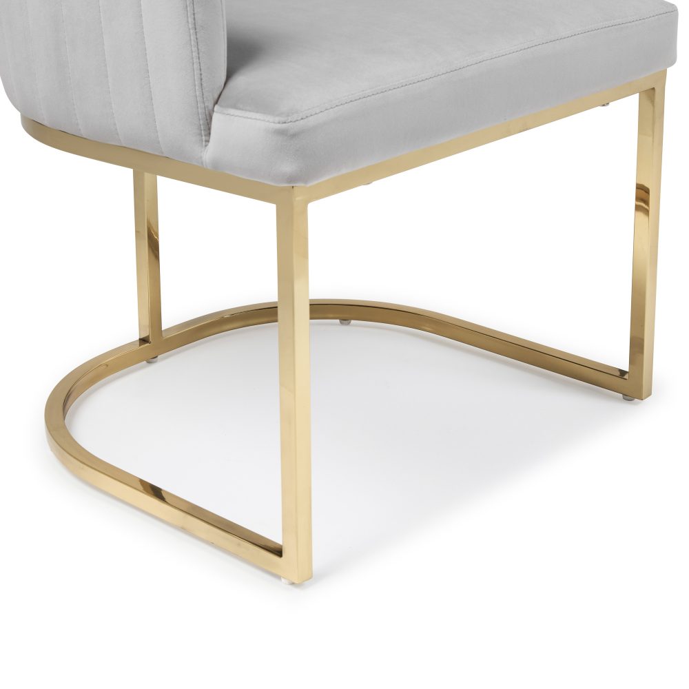 Barcelona Light Grey Brushed Velvet Upholstered Dining Chair - Golden Stainless Steel Base - Image 5