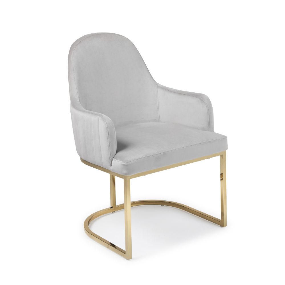 Barcelona Light Grey Brushed Velvet Upholstered Dining Chair - Golden Stainless Steel Base - Image 2
