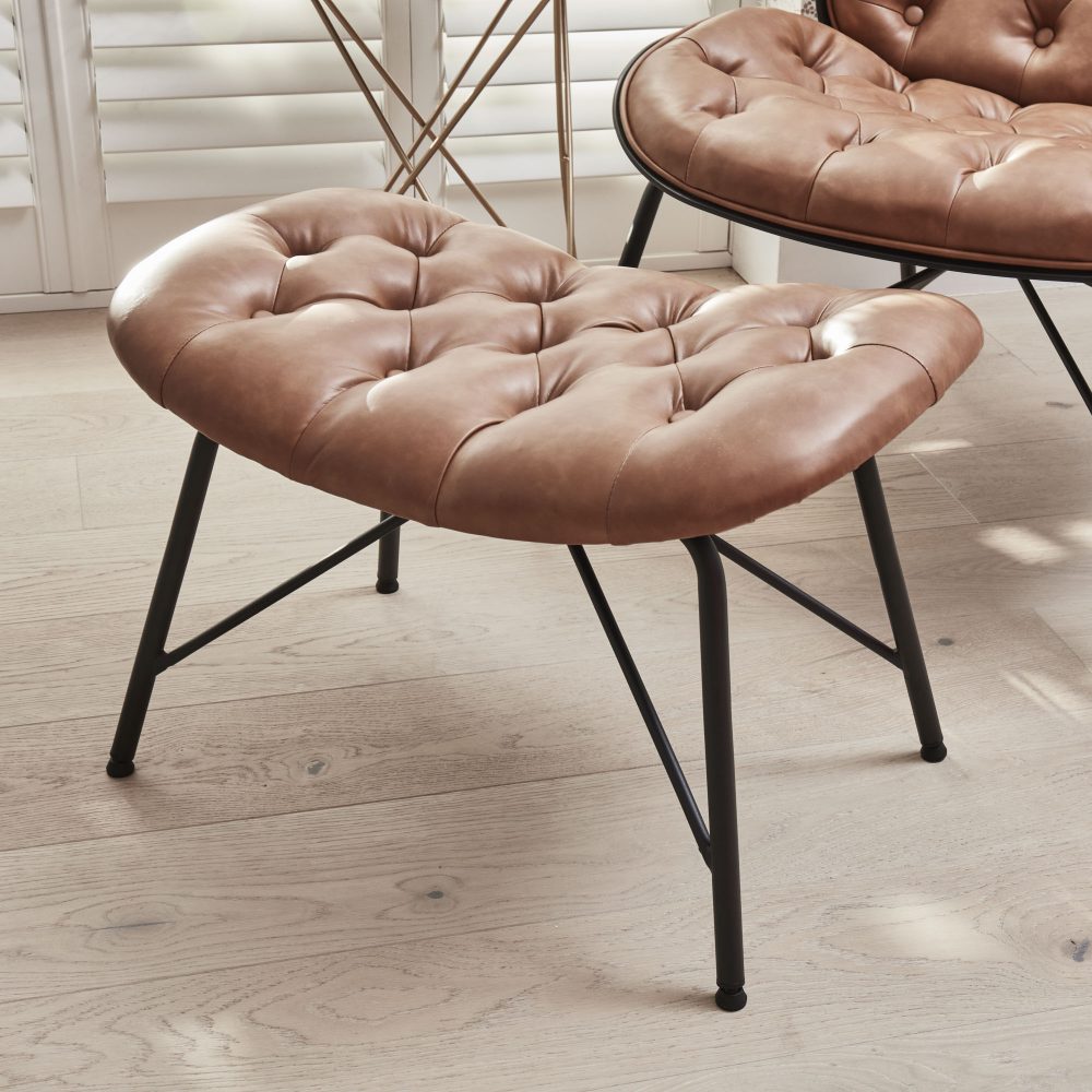 Belvedere Chesterfield Lounge Chair with Footstool In A Tan Brown Faux Leather - Image 12