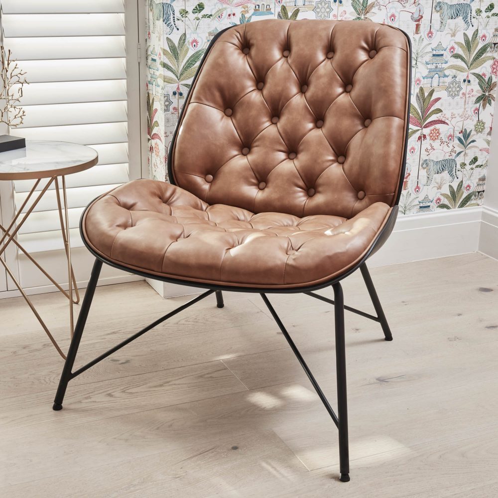 Belvedere Chesterfield Lounge Chair with Footstool In A Tan Brown Faux Leather - Image 14
