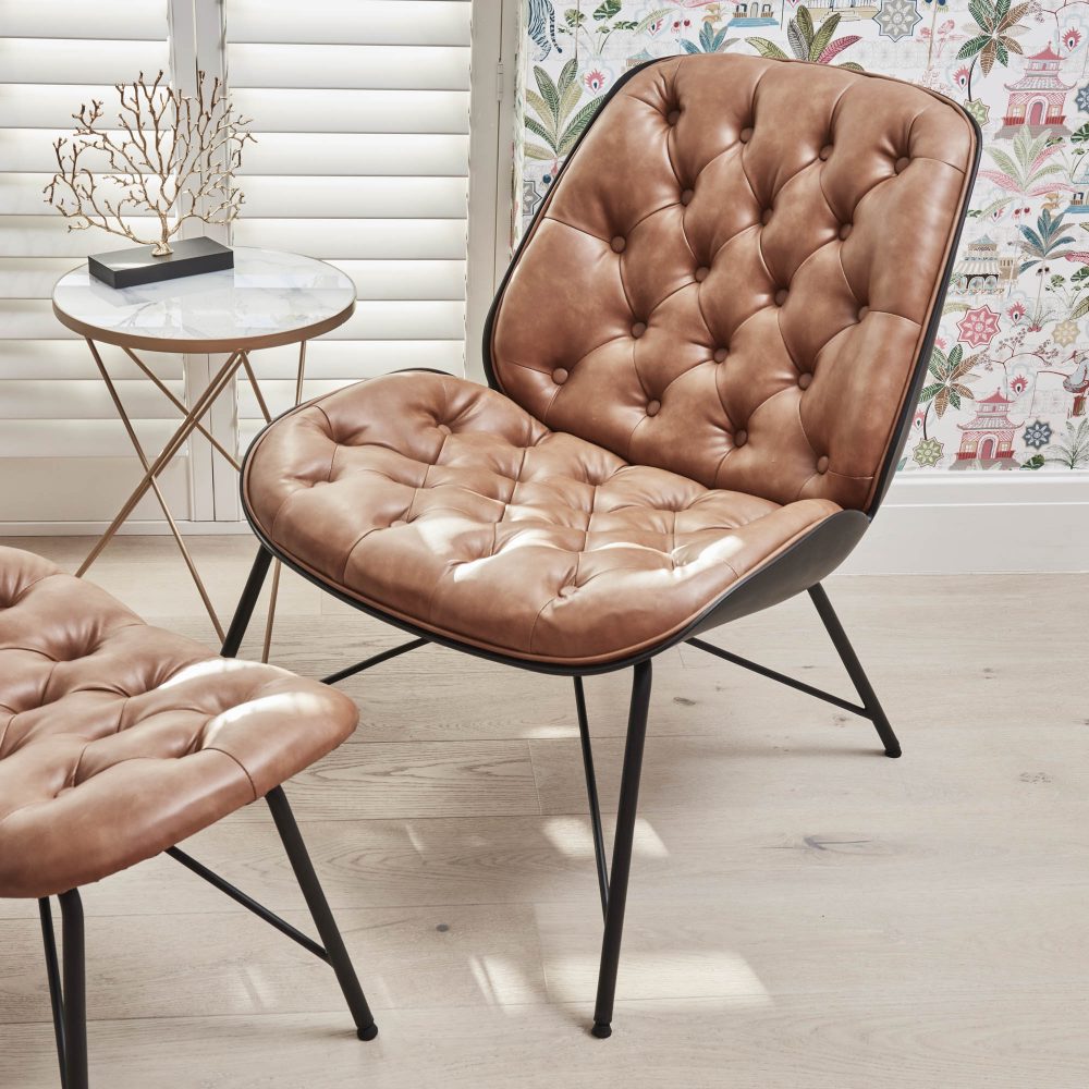 Belvedere Chesterfield Lounge Chair with Footstool In A Tan Brown Faux Leather - Image 4