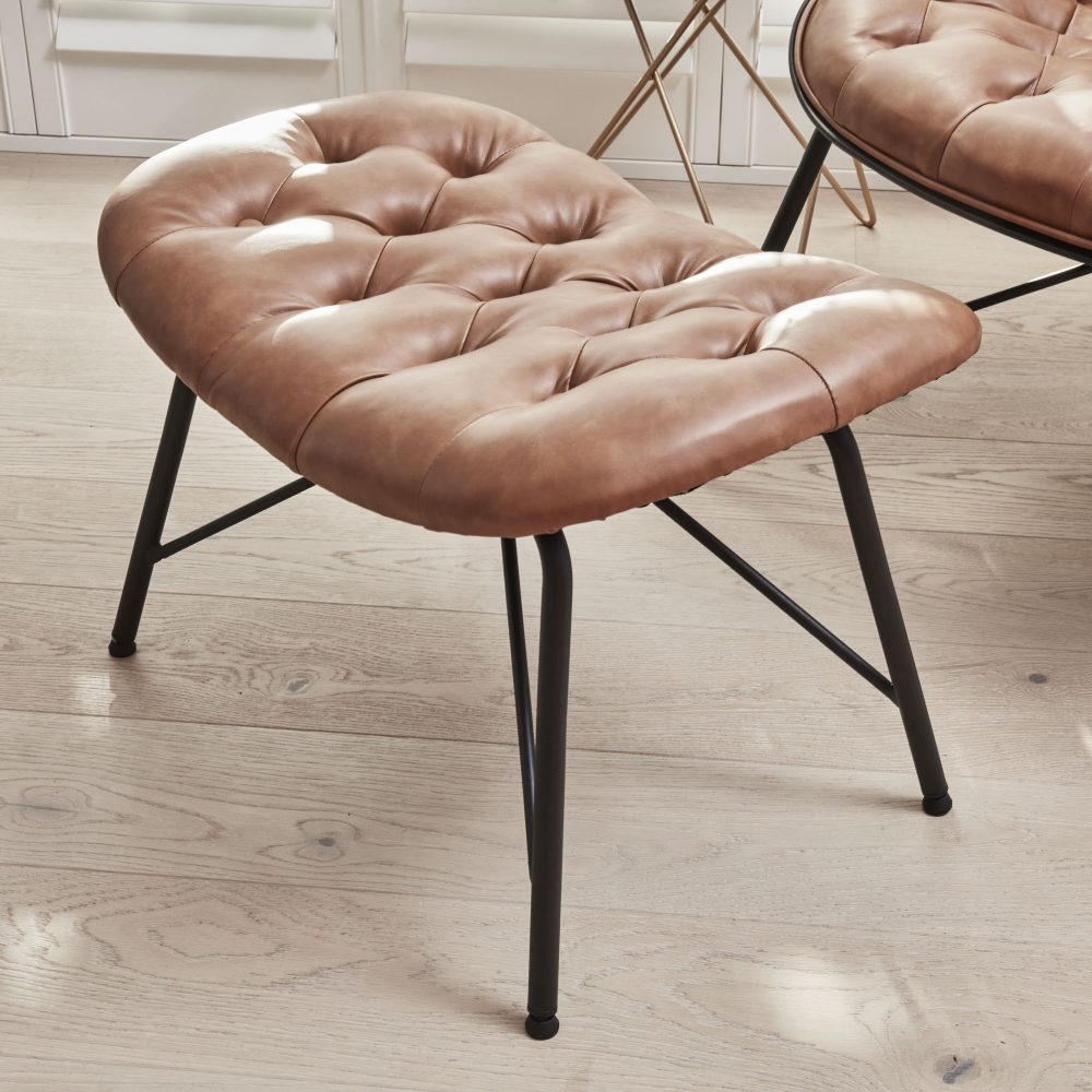 Belvedere Chesterfield Lounge Chair with Footstool In A Tan Brown Faux Leather - Image 10