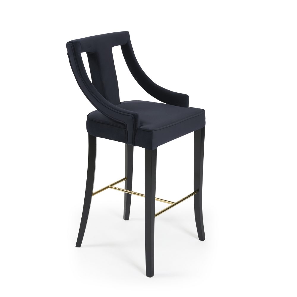 Juliette Dark Blue Velvet Bar Stool with Gold Trim Footrest - Image 8