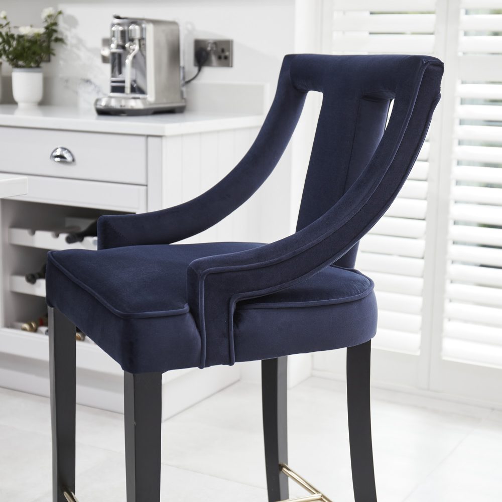 Juliette Dark Blue Velvet Bar Stool with Gold Trim Footrest - Image 7