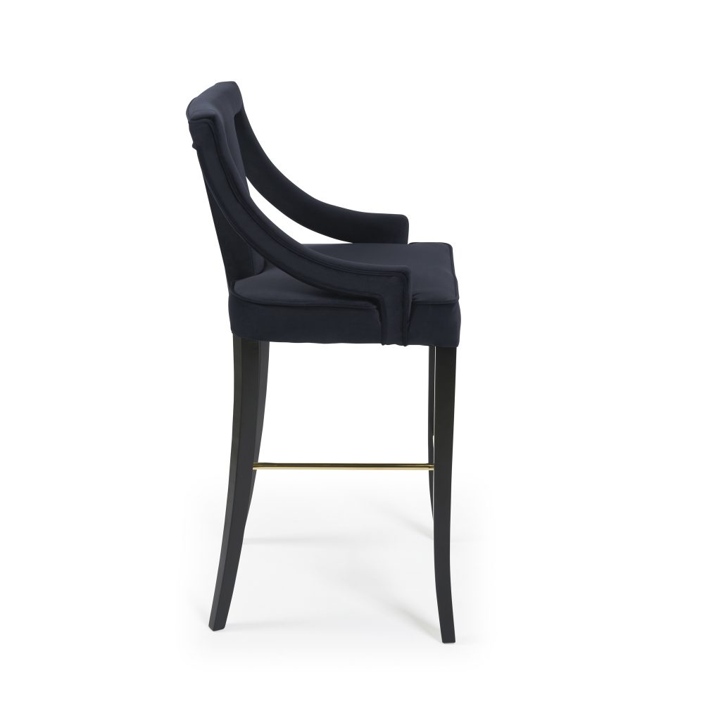 Juliette Dark Blue Velvet Bar Stool with Gold Trim Footrest - Image 12