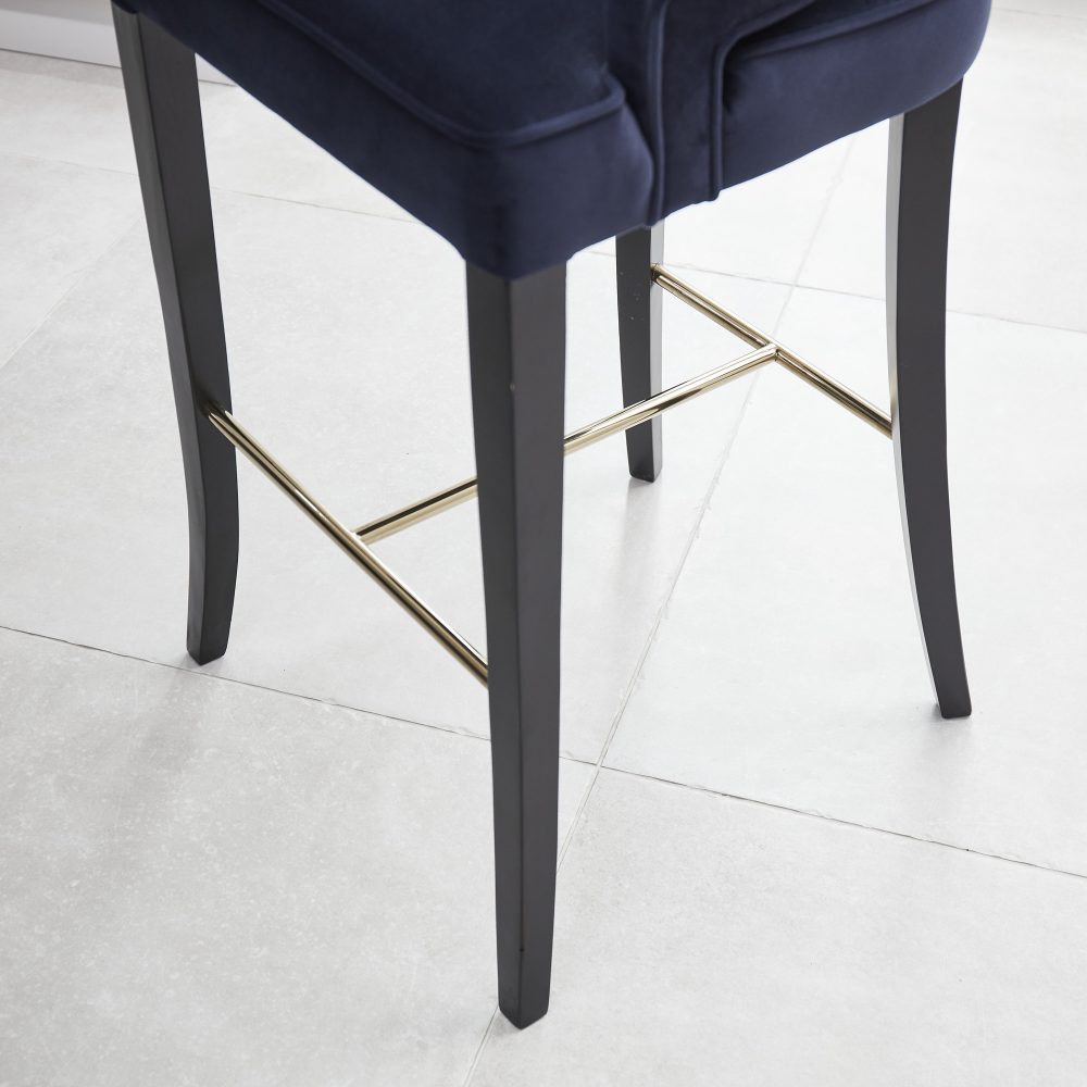 Juliette Dark Blue Velvet Bar Stool with Gold Trim Footrest - Image 6