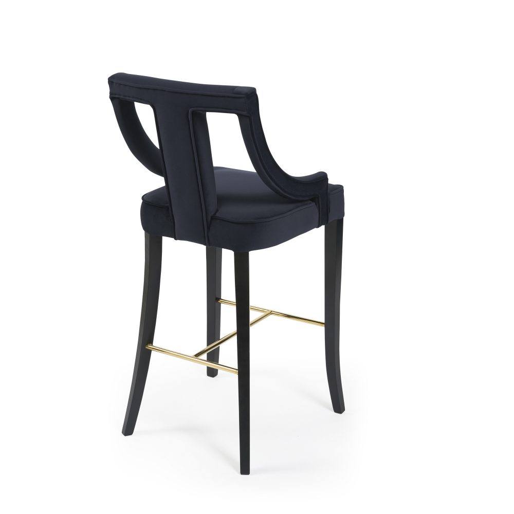Juliette Dark Blue Velvet Bar Stool with Gold Trim Footrest - Image 11