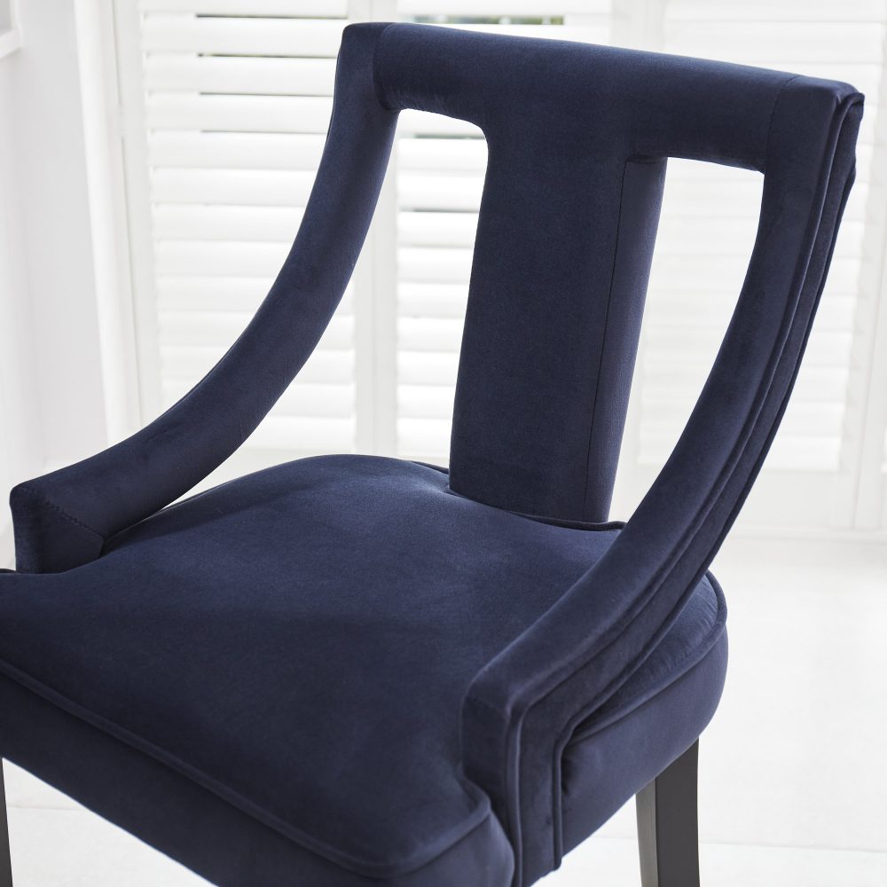 Juliette Dark Blue Velvet Bar Stool with Gold Trim Footrest - Image 5