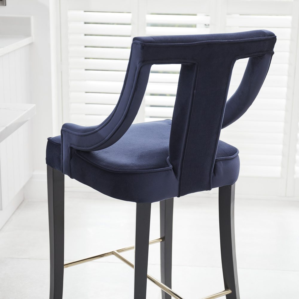 Juliette Dark Blue Velvet Bar Stool with Gold Trim Footrest - Image 4