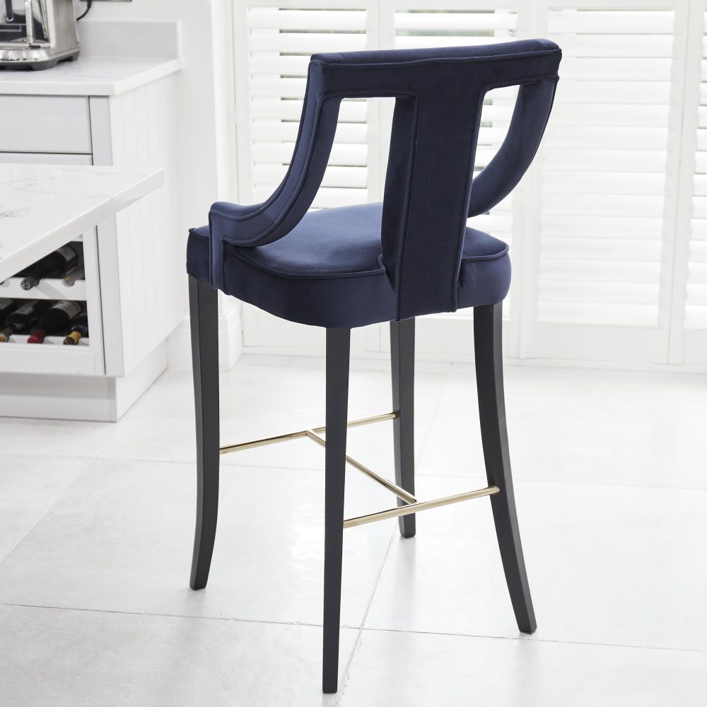 Juliette Dark Blue Velvet Bar Stool with Gold Trim Footrest - Image 3