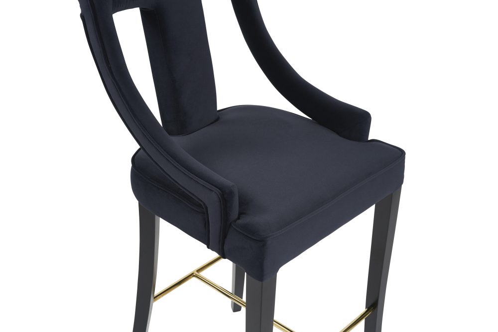 Juliette Dark Blue Velvet Bar Stool with Gold Trim Footrest - Image 15